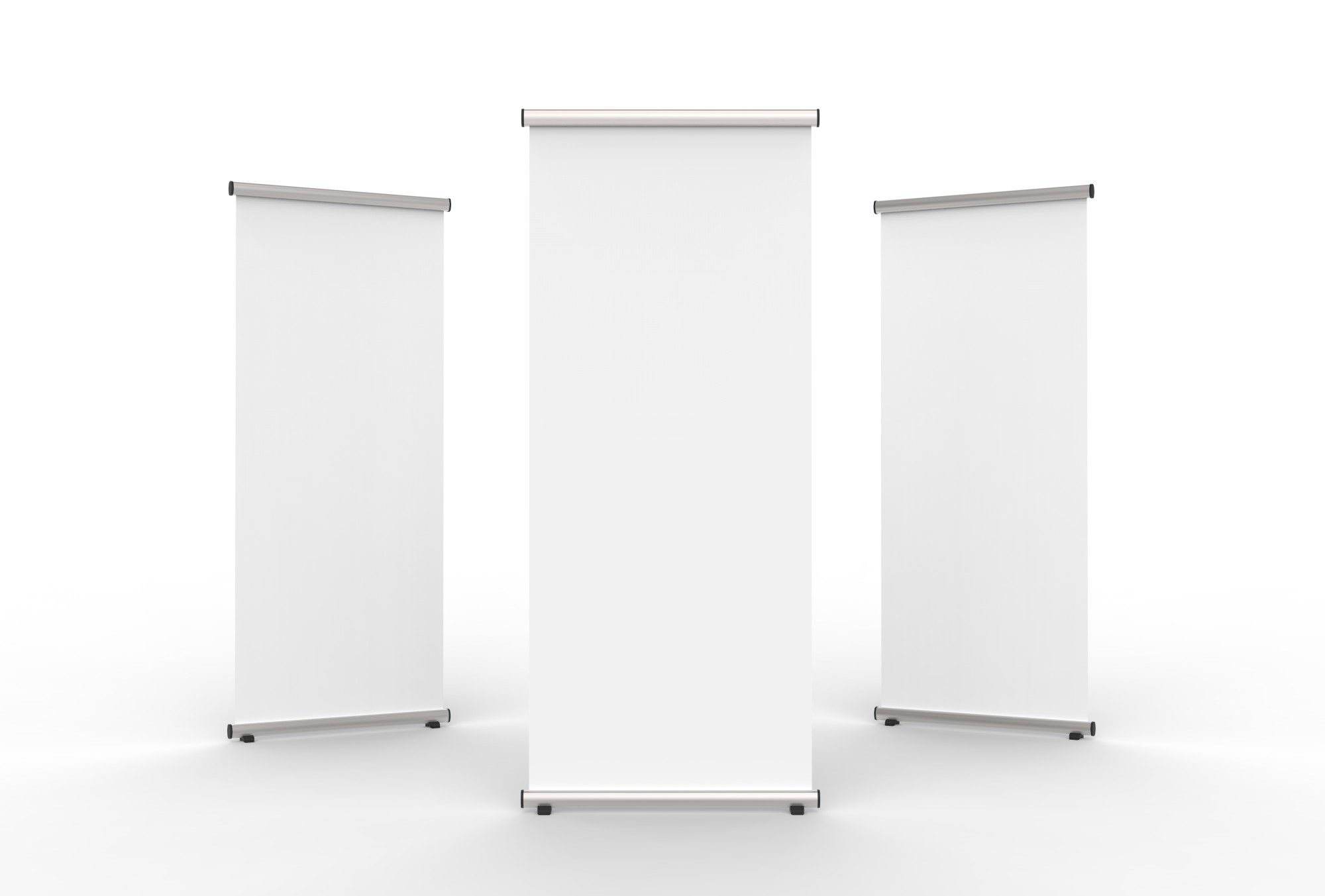 Blank roll up banner 3 display view template. 3d illustrating